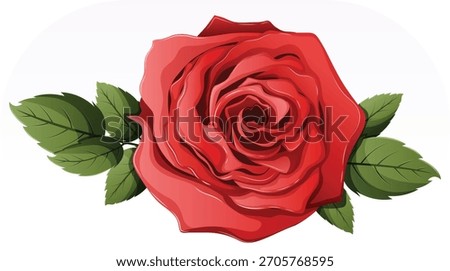 Vibrant Red Rose Head Blossom with Leaves Isolated Vector. Detailed Floral Graphic Element for Headers, Banners, and High-Impact Love, Romance and Floral Commercial Use