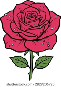 A vibrant red rose illustration with dew drops on its petals and green leaves on the stem perfect for conveying beauty and nature