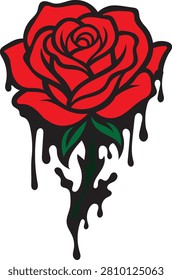 Vibrant red rose illustration featuring stylized black liquid drips and green foliage. Contemporary floral graphic design for apparel or tattoo concepts.
