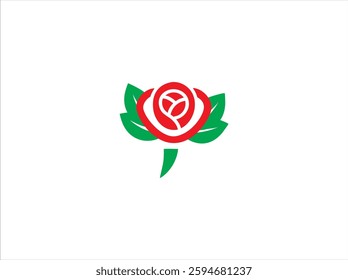 A vibrant red rose silhouette, outlined in a clean, modern style, with green leaves, set against a plain white background.