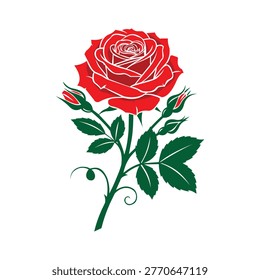 A vibrant red rose with white outlines, green leaves, and stem, featuring two budding flowers and thorns, set against a clean white background
