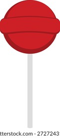 Lebendige rote runde Lollipop-Vektorgrafik. Minimalistisches Bonbon-Symbol mit einem sauberen Stick und flacher Ästhetik einzeln auf weißem Hintergrund. Professionelle süße Leckerei Grafik für Bäckerei Branding, Party Gefälligkeiten, und Vinyl schneiden.