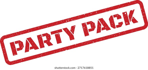 Un vibrante sello de goma rojo con el mensaje 'PARTY PACK' con una textura grunge afligida. Adecuado para el empaquetado de productos, ofertas o Paquetes de eventos.