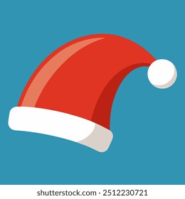 Um chapéu vermelho vibrante de Papai Noel com um pom branco fofo em um fundo azul