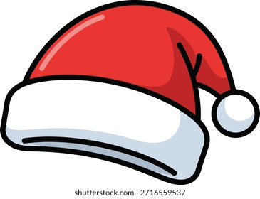 Um vibrante chapéu vermelho de Papai Noel com uma borda branca e macia e um pom-pom correspondente, retratado em um estilo limpo, semelhante a desenhos animados com contornos claros, pronto para as comemorações de férias.