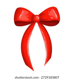 Vibrant red satin bow with flowing ribbons, ideal for Valentine's Day, birthday parties, and celebratory graphic banners. Vector illustration.

