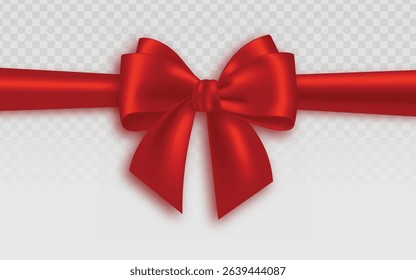 Vibrant red satin bow with realistic folds and shadows, perfect for premium packaging, holiday gift wrap, or luxury branding. 3D vector with lustrous texture and transparent overlay