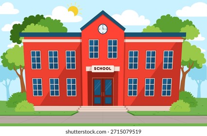 A vibrant red school building with a blue roof a clock a school sign and many windows under a sunny sky surrounded by trees and bushes