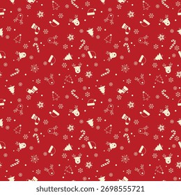 Nahtloses Weihnachtsmuster auf rotem Hintergrund, minimalistisch cremefarbene festliche Ikonen von Rentieren, Weihnachtsmützen, Strümpfen, Bonbons, Bäumen und Schneeflocken