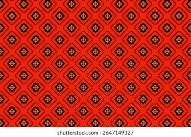 A vibrant red seamless pattern with repeating diamond motifs inspired by ethnic textile designs. Perfect for fabrics, wrapping paper, or cultural-themed backgrounds.