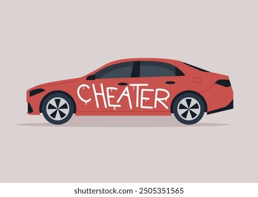 A vibrant red sedan displays bold graffiti spelling CHEATER