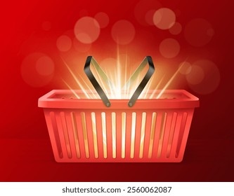 A vibrant red shopping basket with glowing light emanating from inside, symbolizing excitement and shopping. The background features soft bokeh effects, enhancing the festive feel.