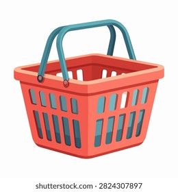 A vibrant red shopping basket with a sturdy blue handle, ideal for retail, grocery shopping, and market displays, isolated on a plain background.
