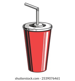 A vibrant red soda cup with a shiny silver lid and a straw sits on a picnic table surrounded by summer snacks perfect for enjoying a refreshing drink on a warm day.