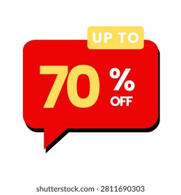 A vibrant red speech bubble graphic advertising a seventy percent discount sale with yellow text.