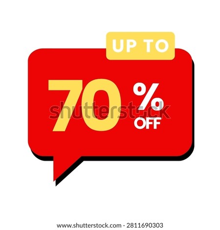 A vibrant red speech bubble graphic advertising a seventy percent discount sale with yellow text.