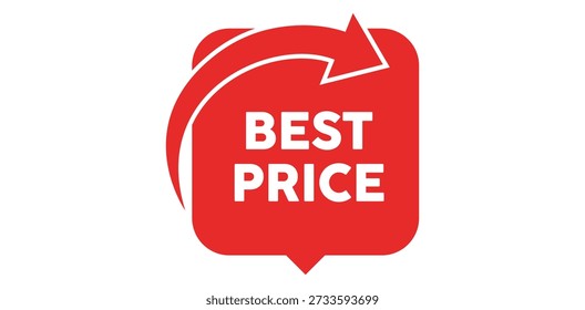 Um ícone de balão de fala vermelho vibrante com uma seta curva apresenta texto BEST PRICE branco em negrito. Este gráfico atraente simboliza ofertas imbatíveis, economias significativas e excelente valor para os compradores. Perfeito para promoções e comércio eletrônico.
