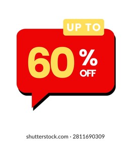 A vibrant red speech bubble icon featuring yellow text advertising a sixty percent discount for a promotional sale event.