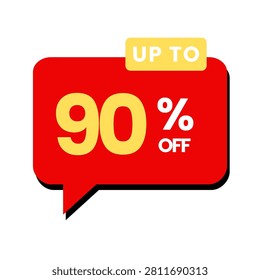 A vibrant red speech bubble icon featuring bold yellow text advertising a ninety percent discount for sales and marketing promotions.