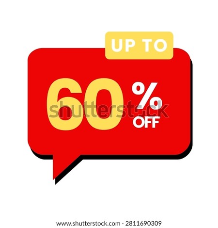 A vibrant red speech bubble icon featuring yellow text advertising a sixty percent discount for a promotional sale event.