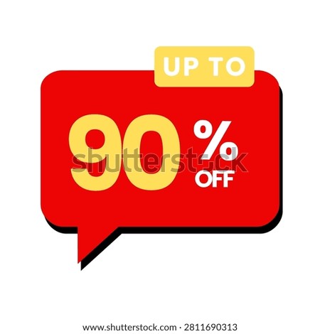 A vibrant red speech bubble icon featuring bold yellow text advertising a ninety percent discount for sales and marketing promotions.