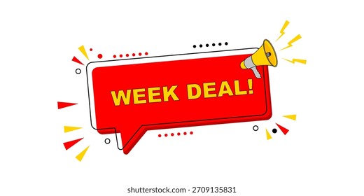 Bolha de fala vermelha vibrante com um megafone anunciando uma promoção de negócio especial semana, perfeito para campanhas de marketing e anúncios de vendas