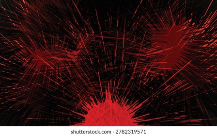 A vibrant red splatter bursts outwards with intense energy, creating a dynamic and explosive visual effect against a dark background.