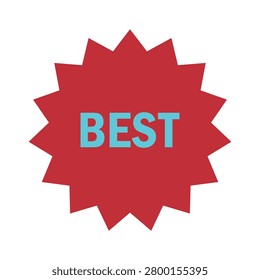 A vibrant red starshaped sunburst sticker featuring the word best printed in light blue capital letters on an isolated background
