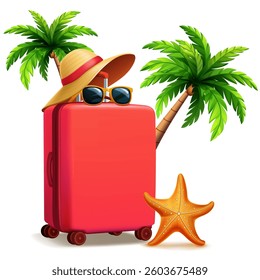 A vibrant red suitcase with sunglasses, a hat, and sunscreen placed between two palm trees and a starfish, evoking a tropical vacation.