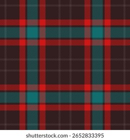 Padrão xadrez vermelho vibrante, azul-petróleo e marrom.  Perfeito para projetos de design têxtil, vestuário ou férias.  Esta textura sem costura oferece uma sensação clássica, mas moderna, evocando calor e tradição.