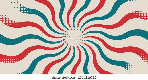 Vibrant Red and Teal Retro Swirl Background with Retro Halftone Dots | Hypnotic, Vintage-Inspired Pattern for Posters, Invitations, and Digital Art | Colorful Graphic Design Resource