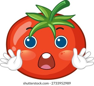 Un vibrante personaje de dibujos animados de tomate rojo expresa el shock con los ojos abiertos y la boca abierta