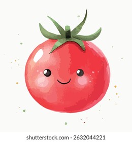 A vibrant red tomato, depicted in a watercolor style, features a cheerful expression with large eyes and a small smile.