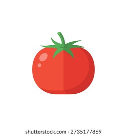 A vibrant red tomato with a green stem on a white background.