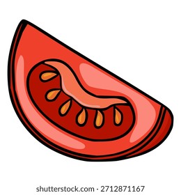 Uma fatia de tomate vermelho vibrante com sementes visíveis e polpa suculenta, retratada como uma ilustração vetorial limpa com contornos pretos e negrito e sombreamento suave, perfeito para projetos culinários ou focados na saúde.