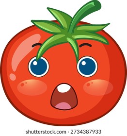 Una Ilustración vectorial de tomate rojo vibrante con una expresión facial sorprendida sobre fondo blanco