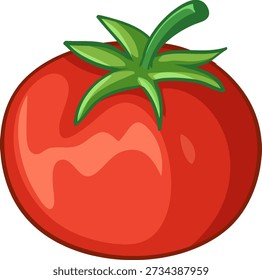 Una vibrante Ilustración vectorial de tomate rojo con reflejos brillantes y un tallo verde frondoso