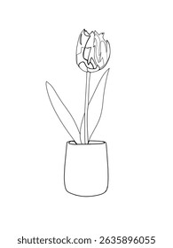 A vibrant red tulip stands gracefully in a yellow pot, its green leaves adding freshness against a striking purple background.
