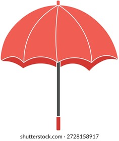 Un paraguas rojo vibrante con un mango gris en un estilo de Vector plano. Gráfico minimalista que representa el refugio, la protección del Clima, la seguridad y la seguridad.