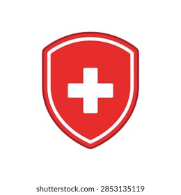 Vibrant red vector shield featuring a bold white medical cross symbol, created as a clean digital graphic illustration representing safety, security, protection, healthcare, emergency, and national identity concepts.