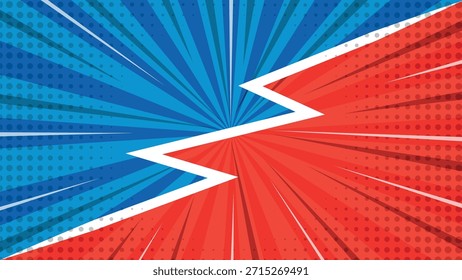 Vibrante fondo rojo vs azul del estallido del cómic con rayos retro dinámicos, arte Pop Halftone Choque de energía, explosivo estilo cómico Sunburst Ilustración	
