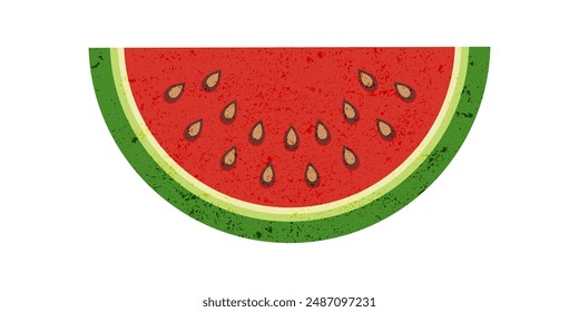 A vibrant red watermelon slice in flat style isolated on white. Greeting card celebrating watermelon day. Vintage banner with grunge texture.