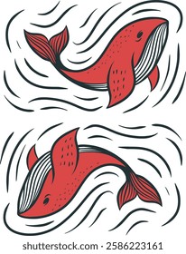 Vibrant Red Whale Artwork with Dynamic Wave Motion