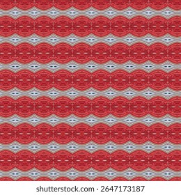 Vibrant red and white abstract ripple pattern with layered wave elements and diamond shapes. Perfect for eye-catching prints, wrapping paper, or artistic backgrounds.