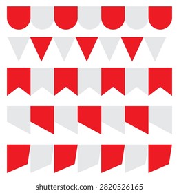 Vibrant red and white banners and flags arranged in rows, perfect for festive events, parties, and celebrations with a lively atmosphere.