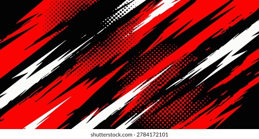 Vibrant red, white, and black abstract diagonal streaks create dynamic graphic illustration.