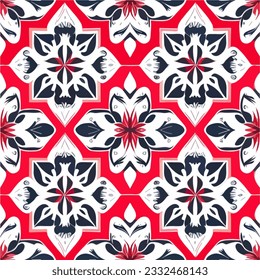 Vibrant red, white, and blue flowers bloom on a red backdrop, forming a striking seamless pattern with symmetrical beauty. dark floral composition that exudes patriotism.