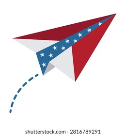 Vibrant red white and blue kite soars through air with starry pattern flying free outdoors