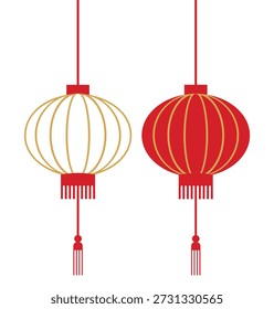 Lanternas chinesas vermelhas e brancas vibrantes com sotaques dourados penduradas suspensas por cordas vermelhas finas adornadas com franjas bordados simbolizando a tradição de celebração e ocasiões festivas apresentadas como uma limpeza