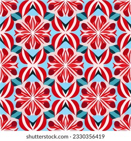 Vibrant red and white flower pattern gracefully adorns a deep blue backdrop. The peppermint motif, forming a repeating fabric pattern, exudes a refreshing and stylish charm.